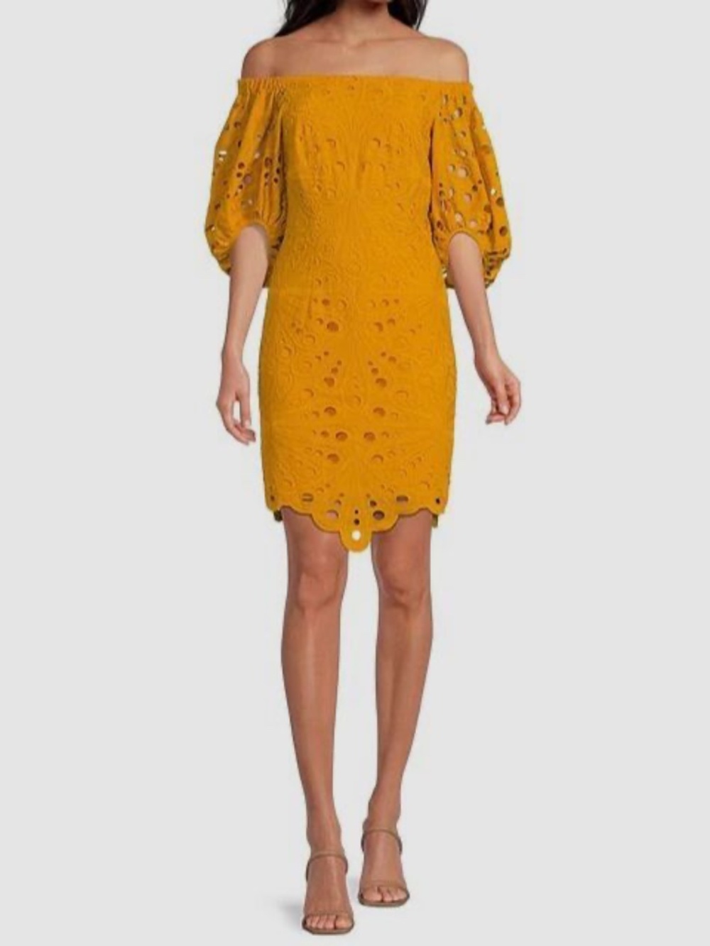 TRINA TURK - Yellow Off-The-Shoulder Eyelet Sweet Sheath Cotton Dress